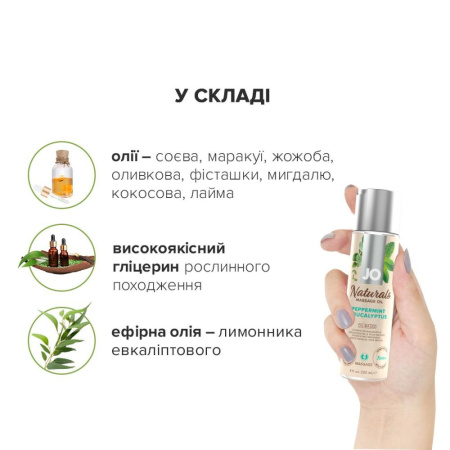 Массажное масло JO Naturals Massage Oil Peppermint & Eucalyptus с эфирными маслами (120 мл) || Масажна олія JO Naturals Massage Oil Peppermint & Eucalyptus з ефірними оліями (120 мл)
