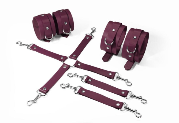Набор для БДСМ 3 в 1 Feral Feelings BDSM Kit 3 Burgundy, наручники, поножи, крестовина